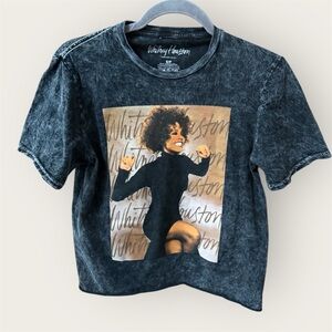 Whitney Houston Graphic crew neck T-Shirt - Black and gray acid wash cropped fit